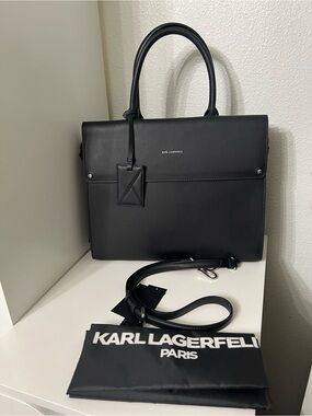Karl Lagerfeld Black Structured Leather Tote with Detachable Strap